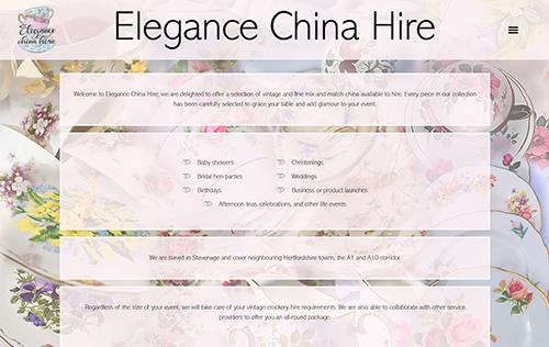 Elegance China Hire website by Ballynet
